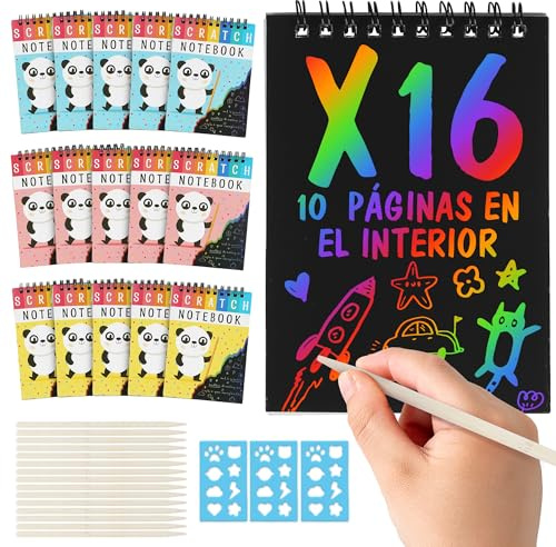 Pack regalos cumpleaños niños 16 libretas scratch art - detalles cumpleaños niños regalitos invitados cumple carnaval alumnos primaria manualidades clase dibujo papel rascar 4 5 6 7 8 años