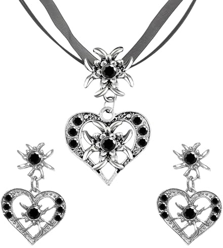 Glamifyr 3 Stück Trachtenschmuck Damen Set,Ohrringe und Halskette mit Strass Edelweiß Herz Anhänger,Bayerisch Dirndlschmuck Trachtenkette,für Oktoberfest Accessoires,Oktoberfest Damen Outfit