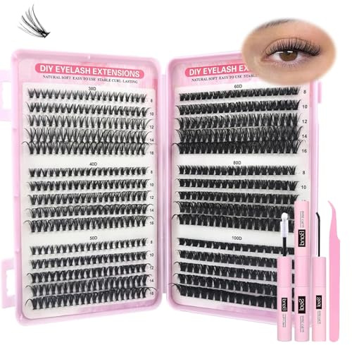 Individual Lash Clusters Kit,570pcs Natural Individual Eyelashes 8-16mm D Curl Fluffy Wispy Lash Extensions with Bond, Seal and Tweezers (30+40+50+60+80+100D)