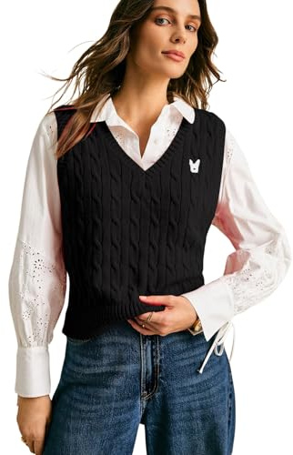 BEAUDRM Women's Embroidery Cable Knit Sweater Vest V Neck Knitted Casual Sleeveless Sweater Pullover Top Black Small