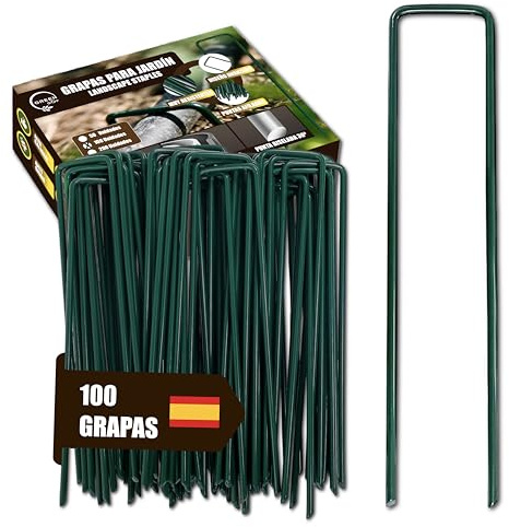 GREENGOF Grapas Verdes para Cesped Artificial, Malla Antihierba y Jardin, 100Unds - Acero Galvanizado, 15x4cm, Ø3mm - Ultra Resistentes y Anticorrosivas - Piquetas de Jardín, Anclaje al Suelo.