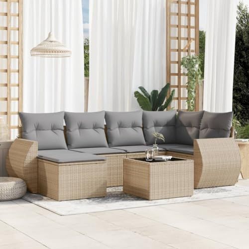 QJBSAVVA Ensemble de 7 meubles de jardin en rotin beige 55 x 53 x 34 cm PolyPE résistant aux intempéries, modulaire, avec espace de rangement et plateau en verre, groupe de sièges pour balcon