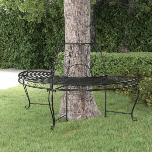 Holekex Trädbänk, halvcirkel, Ø 160 cm, svart, stål, väderbeständig, trädgårdsbänk med rygg- och armstöd för terrass, balkong, park, utomhus, hållbar och stabil för veranda och trädgård