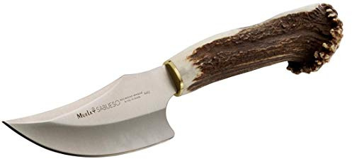 Muela Cuchillo SABUESO-11S hoja de acero ACX-380 de 11 cm y empuñadura de roseta de ciervo para Caza, Pesca, Supervivencia y Bushcraft Realizado en Ciudad Real + Portabotellas de regalo