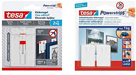 tesa Verstellbarer Klebenagel für Tapeten und Putz / Selbstklebender Nagel von tesa Powerstrips / 2 x 2 kg Halteleistung & Powerstrips Bildernagel, selbstklebend, weiß, 2 Stück