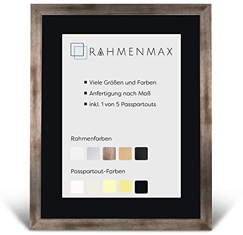 RahmenMax® Morena Bilderrahmen 70x90 cm mit Passepartout passend für Bild 60x80 cm/Maßanfertigung möglich/MDF Bilder Rahmen/Rahmenfarbe: Vintage Metall, Passepartoutfarbe: Schwarz