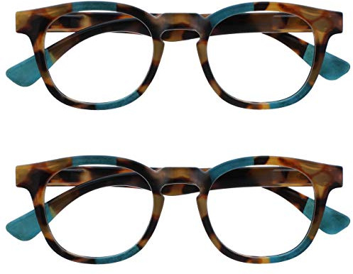 OPULIZE Ava Lunettes de Lecture Pack de 2 Avec Monture Arrondi Flatteur Charnières à Ressort Anti-Rayures Écailles de Marron Touche de Turquoise Hommes Femmes RR62-Q +2.00