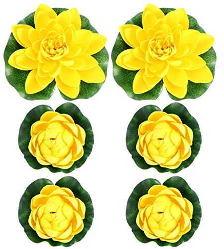iplusmile Simulated Water Lily Floating Pond Plants with Anchor Rings - Artificial Lotus Flowers for Indoor Outdoor Decor Aquarium Wedding Patio 6 Pieces