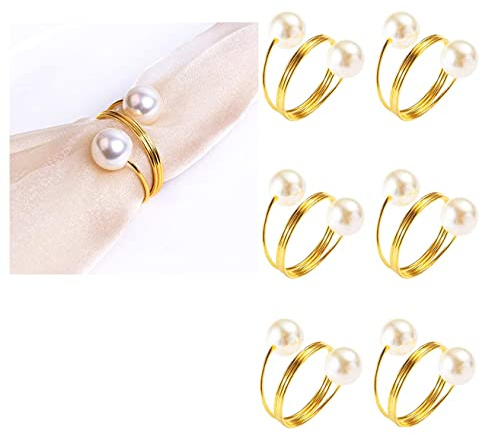 Anloo Perlen Serviettenringe Hochzeit, Silber Gold Serviette Serviette Schnallenhalter für Valentinstag, Weihnachten, Familientreffen, Dinnerparty (Gold-6 PCS)