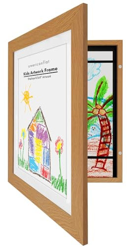 Americanflat A4 Barnkonst Ram - Frontlastande Fotoram - Använd som 22x28 cm Ram med Passepartout eller 25,5x32 cm Fotoram utan Passepartout - Mitt Mini Mästerverk - Rymmer 100 Konstverk - Mörk Ek