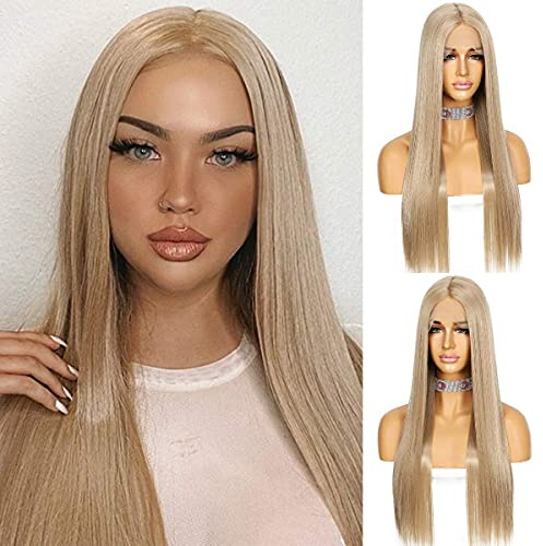 Sapphirewigs Ash Blond Lange gerade Perücke für Frauen Spitze vorne Perücken mit mittelTeil japanische synthetische Haare 150% Dichte Täglich Halloween Weihnachten hitzebeständig 26 inch