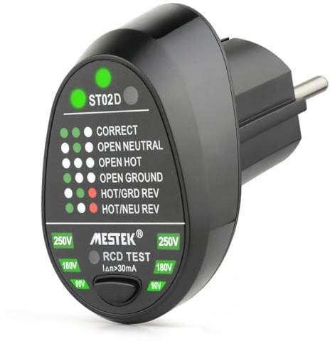 Jadeshay Steckdosentester mit RCD-Prüfung, RCD-Steckdosentester Steckdosenprüfgerät mit Kontrollleuchten-Anzeige, Automatischer Polaritätsprüfer für Neutralleiter und Erdungskabel 90V-250V 50/60Hz