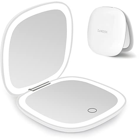 deweisn Compact Mirror, Lighted Travel Makeup Mirror with 1X/10X Magnifying Double Sided Dimmable Portable Pocket for Handbag and Pocket, USB Charging(White)
