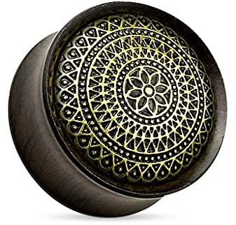 BlackAmazement Flesh Tunnel Plug Inlay Piercing Holz Wood Blume Gitter Muster Ornament Damen (Ebenholz - Ø 10mm - 1 Stück)