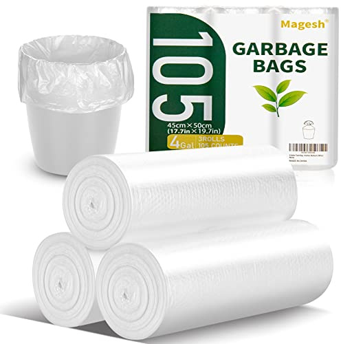 Magesh Bolsa de basura de 4 galones, fuerte, sin fugas, pequeñas bolsas de basura sin perfume gruesas para baño, oficina, cocina, bote de basura pequeño, 15 litros, 105 bolsas, transparente