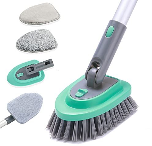 3-in-1-Fliesen-Duschschrubber, Reinigungsbürste mit 147.3 cm langem Griff, abnehmbare steife Borsten, Scheuerbürste, 3 Scheuerpads, 2 Bürstenköpfe für Badezimmer, Küche, Wanne, Fliesenspüle (grün)