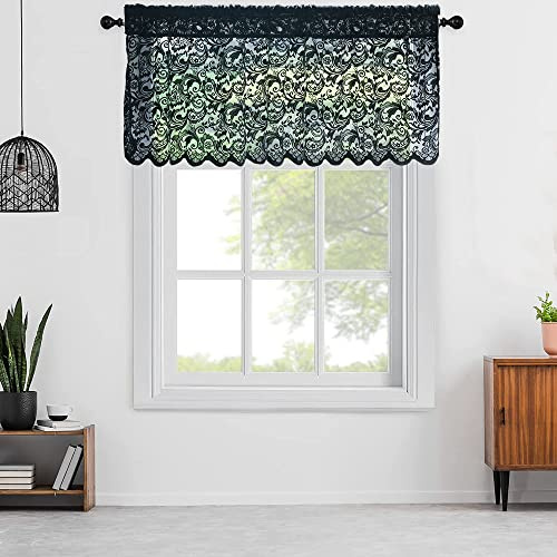 Aligogo 1 cantonnière transparente en dentelle noire florale à bord festonné, style bohème, gothique, Halloween, victorien, pour fenêtre, décoration de salle de bain, cuisine, 132,1 x 45,7 cm