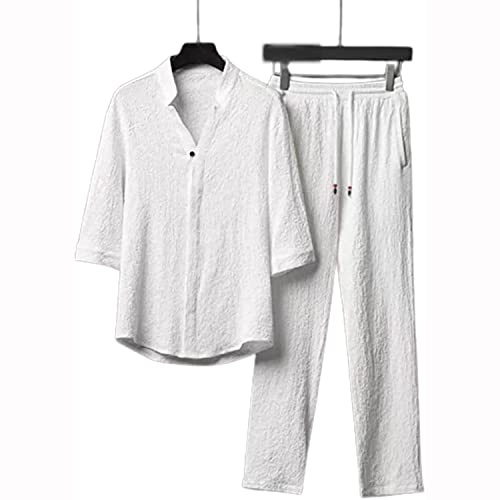 LULAND Conjunto de 2 Piezas de Lino para Hombre, Trajes de Vacaciones de Playa de Verano, Camisa de Manga Corta con Botones Informales, Conjuntos de Pantalones Largos Sueltos