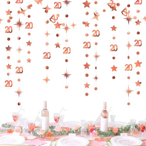 Rose Gold 20th Birthday Decorations Nummer 20 Kreis Dot Twinkle Star Girlande Metallic Hanging Streamer Hintergrund für Mädchen 20 Jahre alt Geburtstag zwanzig Offizielle Teenager Party Supplies