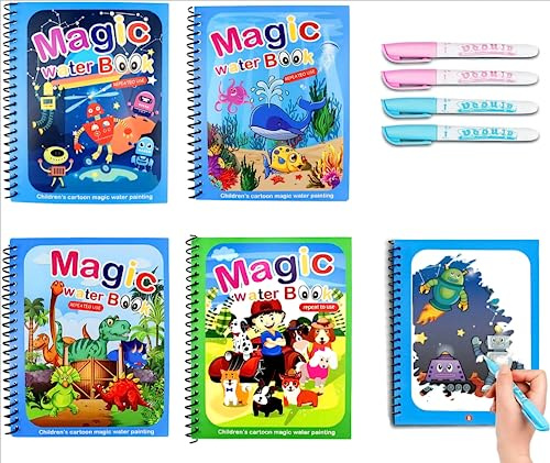 ShnminEU 4-pack Magiska Målarböcker med 4 Vattenpennor – Återanvändbara Doodle-böcker för Småbarn – Kladdfritt Målarset – Perfekt Present till Barn