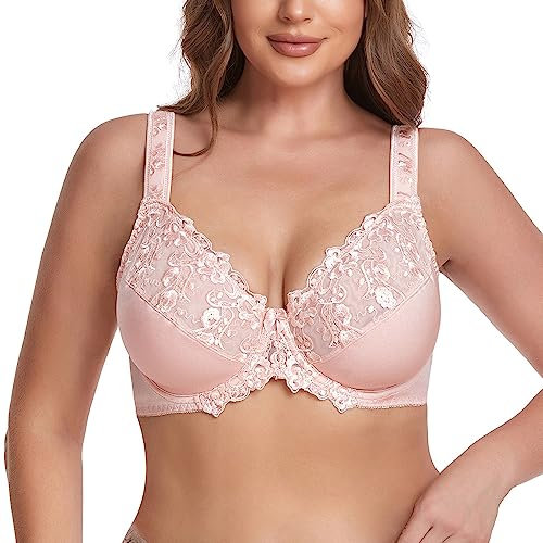 Ayigedu Women's Full Coverage Underwire Push Up Bra Floral Lace Plus Size Non Padded Comfort Everyday Bra 38F Pink