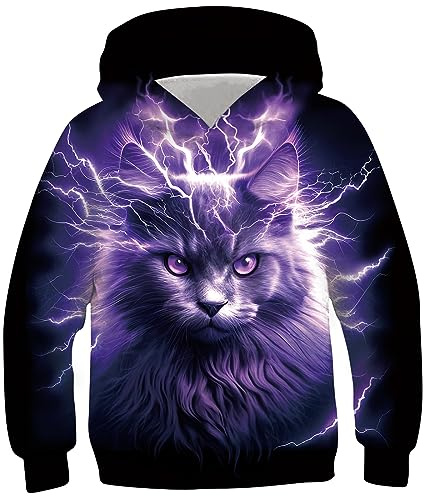 Fanient barn pojke flicka huvtröjor 3D-tryck levande djur tecknad grafik sweatshirt väska pullover huvtröja för 6–16 år, katt arg, 8-10 år