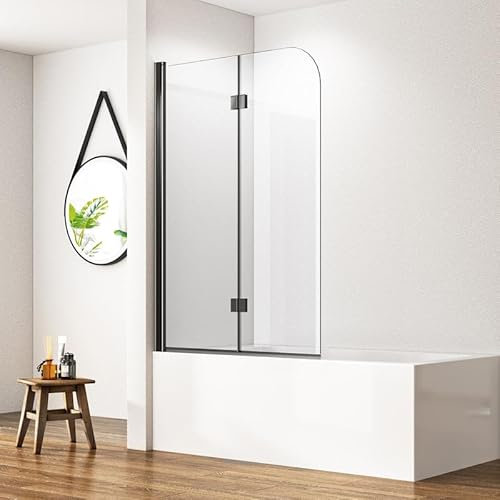 Goezes 2-teilig Duschwand für Badewanne 120x140cm Faltbar Schwarz Duschabtrennung, Glas Badewannenaufsatz Duschtrennwand aus 6mm ESG Nano Sicherheitsglas, 120cm Faltbare Badewannenwand