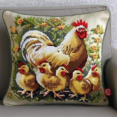 Lfynior DIY Coussin Point de Croix Poule Coussin à Point Compté 45X45cm Coussin Brodé avec Fil et Aiguille à Broder Décoration Point de Croix Complet Broderie Pré-imprimé DIY pour Adulte la Chambre