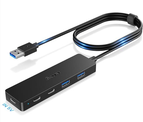Aceele 5-Port USB 3.0 Ultra Fin Data Hub avec câble étendu de 4ft/120cm, avec 2 ports USB-A et 2 ports USB-C, Hub USB pour MacBook, Surface Pro, XPS, PC Portable, clés USB, Disque Dur Mobile, et Plus.