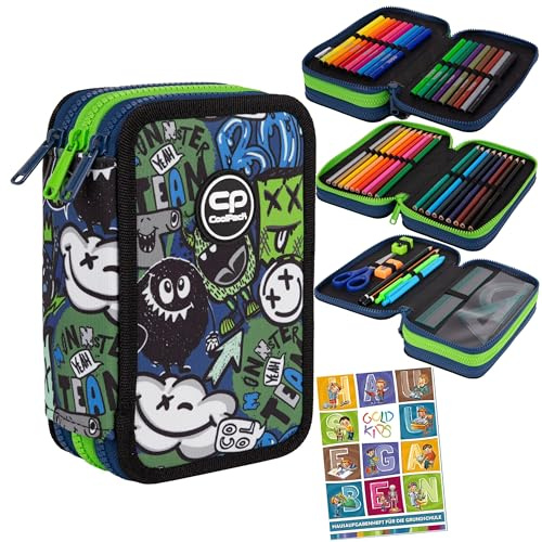 Goldkids - Federmäppchen 3 Fächer - Mäppchen für Mädchen und Jungen - Federmappe 3-Fach Federtasche Gefüllte Schüleretui 46-teilig - Schulmäppchen und Hausaufgabenheft - Monster Team Motiv
