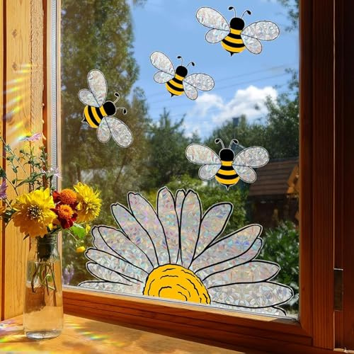 Adorable Bees Style Glass Sticker, Honeybee Window Decals, Flower Window Stickers, Rainbow Window Clings, Anti-Collision Window Stickers, Decorative Window Suncatcher Sticker for Window Door (1PC)