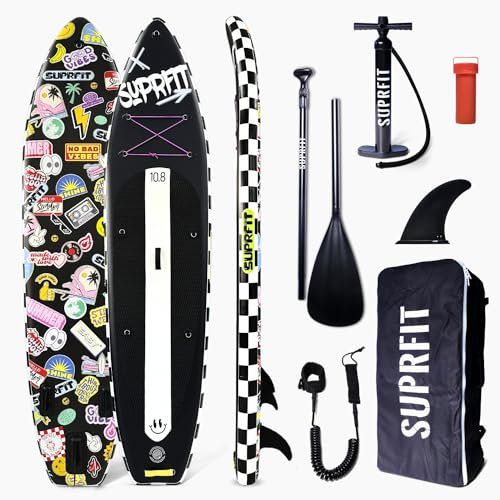 Suprfit Stand-Up Paddling Board Funny Stickers – Black | All in One Set: SUP Board, Hochwertiger Rucksack, Teleskop Paddel, Double-Action Luftpumpe, Leash, Slide-In Finnen Set, Reparatur Set