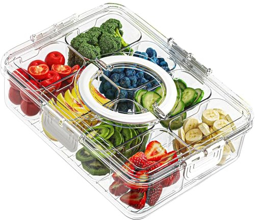 STORICANS Snackle Box Container, Divided Serving Tray with Lid and Handle, 8 Compartments Snack Box Container, Portable Clear Snack Organizer for Travel Party and Picnic Charcuterie, Nut Storage
