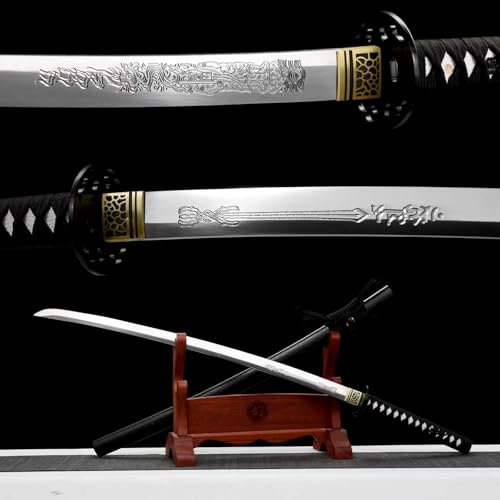 103cm handgefertigtes Katana-Schwert,Klinge aus Manganstahl mit eingraviertem Muster,Scheide aus massivem Holz mit Farbe,echtes Samurai-Schwert zur Selbstverteidigung,Kendo-Training,Rollenspiele,Iaido