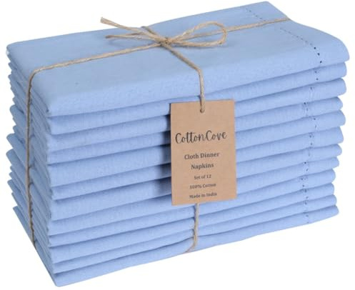CottonCove Hemstitch Cloth Dinner Napkins Cotton 12 Pack - Soft Durable Washable - Ideal for Farmhouse Parties Wedding Christmas Easter - Perfect Everyday Use Table Cloth Napkins 46x46 cm Light Blue