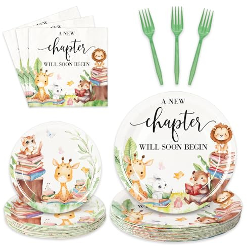 Whaline 96Pcs Storybook Baby Shower Party Supplies For 24 Guests A New Chapter Will Begin Soon Book Disposable Tableware Set Paper Dinnerware 48Pcs Plate 24Pcs Napkin Fork For Party Table Decor