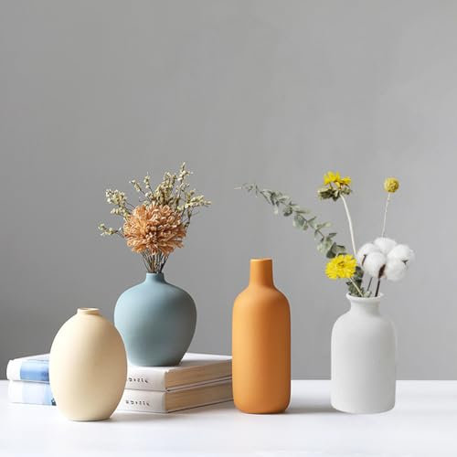 Set di 4 vasi in ceramica,vasi in ceramica per la decorazione domestica,vaso decorativo per erba di pampa e fiori secchi,tavolo,libreria,mensola del camino (‎Beige,blu,arancione,bianco)