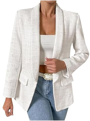 Generico Blazer Donna Elegante Lana Tweed Maniche Lunghe Risvolto Giacca da Ufficio e Lavoro Business con Tasche Casual Classico