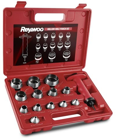 Reywoo Hole Punch Set, 14 Pcs Hollow Punch Set 3/16 to 1-3/8(5-35mm), Gasket Punch Set with Pin Point Punch Shaft