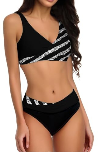 Mastectomia Costume Bagno Donna Nero Due Pezzi Costume da Bagno A Due Pezzi da Donna A Vita Alta Nuoto Slip (Black S)