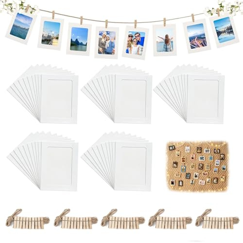 Hexizexi 50 Stück 6 Zoll Papier Bilderrahmen 11.5x15.5cm Weiße Fotogirlande | Fotogirlande mit 50 Holzklammern und 5 Rollen Hanfschnur Fototaschen zum Aufhängen für Geburtstage Hochzeiten Wanddekoration