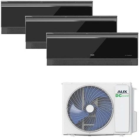 AUX A++ Air Conditioning Set Multi Split 27000 BTU (7.9 kW) - Outdoor Unit + 3 x 9000 BTU Wall Unit with WiFi - R32 Refrigerant - High Gloss Black - Quiet Air Conditioning for 3 Rooms & Smart Home