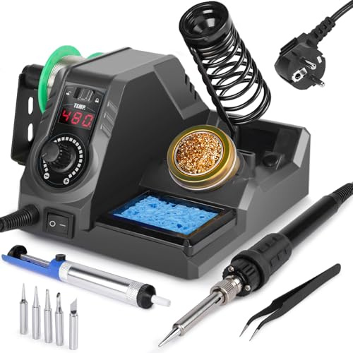 WEP 926LED V3 Noir Station de Soudage 130W MAX Kit Fer à Souder, Fer a Souder Etain avec Fil à Souder, 5 Pointes, Pompe à Dessouder, Pince, Nettoyeur de Pointe, Température Réglable et Mode Veille(EU)