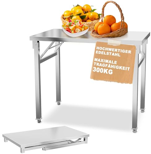 UISEBRT Tavolo pieghevole in acciaio inox con portata di 300 kg e piedini regolabili, tavolo da lavoro, tavolo da servizio, tavolo da cucina per gastronomia, cucina, bar, ristorante, 120 x 70 x 85 cm