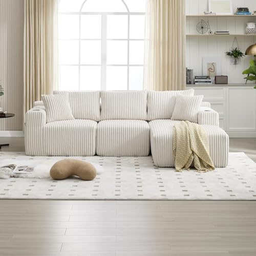 ZHOMGG Canapé Modulable Moderne en L, Canapé 3 Places en Velours Côtelé, sans Montage, Équipé de Porte-Gobelets et de Poches de Rangement, 257x160x62cm (Beige)