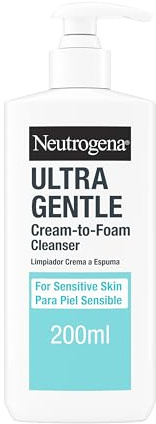 Neutrogena Ultra Gentle Gel limpiador facial Crema a Espuma (200ml), jabón para la cara para piel sensible, desmaquillante facial con Tecnología CICA + BarrierCare, sin perfume y no comedogénico