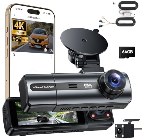 BKXCHA 3 Canales Dash CAM Coche, 4K+1080P Camara Coche con WiFi & App Controlcon, Tarjeta 64G, Super Visión Nocturna, Gran 170°, WDR, Grabación de Bucle, G-Sensores, Monitor de Aparcamiento