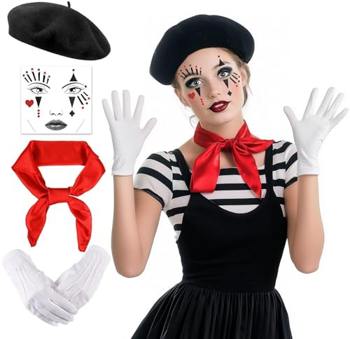 Gaumauwau Karneval Pantomime Kostüm Damen Herren, Rote Tücher Schwarze Baskenmütze Weiße Handschuhe Gesichtstattoo, Damen Herren Faschingskostüme Karneval Mottoparty