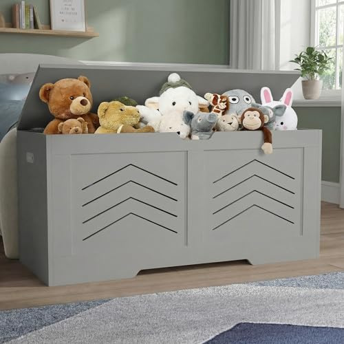 Blisswood Toy Box, Wooden Storage Chest, Large Blanket Box with Lid & Safety Hinges, Storage Bench & Toy Storage Organizer for Kids, Boys & Girls, Baby Toybox for Bedroom, Playroom (Grey)