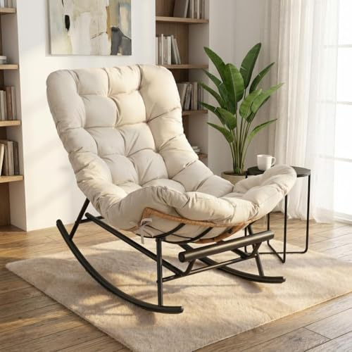 GAOMON Papasan Rocking Chair with Foot Rest, Papasan Chair with Thick Removable Cushion and Metal Frame, Lounge Chairs and PE Rattan Rocker for Patio, Garden, Lawn, Living Room and Relaxation Space